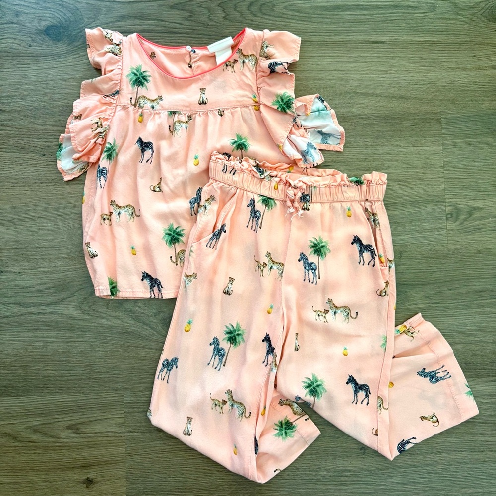 H&M Girls Pink Safari Pajama Set Size 5/6 Animal Print K. Kijan
